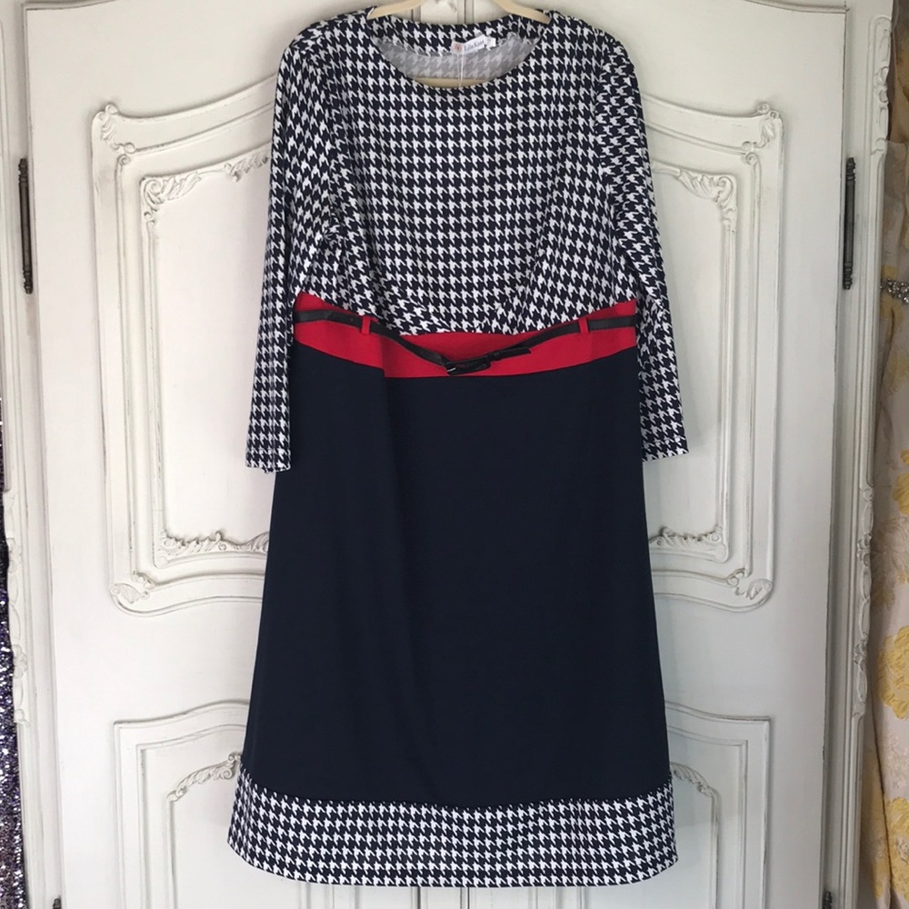 NWT Lila Kass navy Houndstooth red stripe dress 18